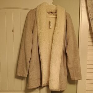 NWT L.L. Bean XL Woman's Cozy Beige Open Front Cardigan with Sherpa Lining 😍